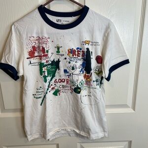 Uniqlo Archive Jean-Michel Basquiat Graphic Ringer T-Shirt - White & navy